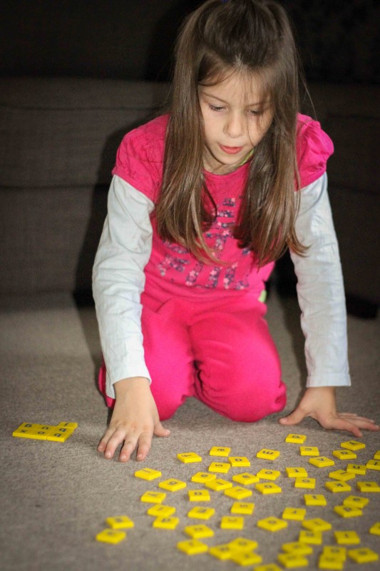 Word Work in Prep / Kindergarten Building CVC words with Scrabble letter tiles