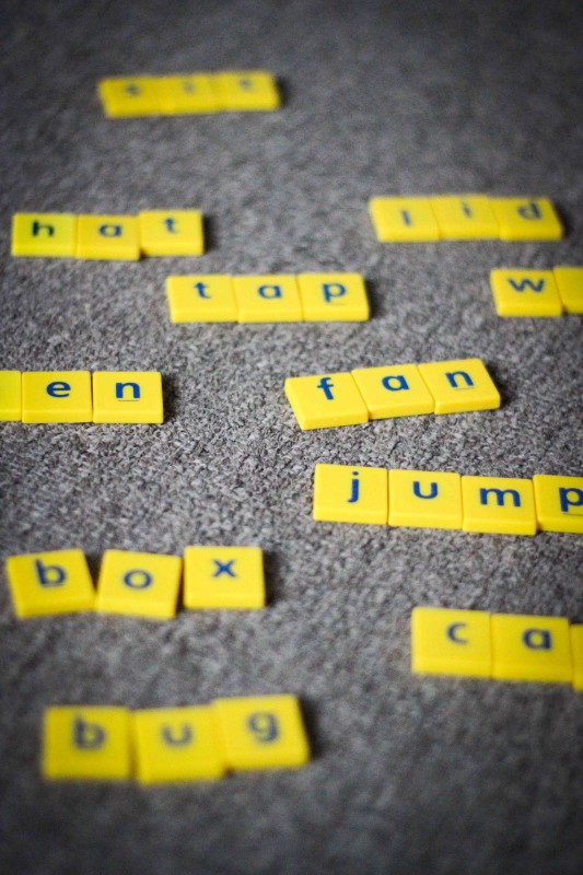 Word Work in Prep / Kindergarten Building CVC words with Scrabble letter tiles