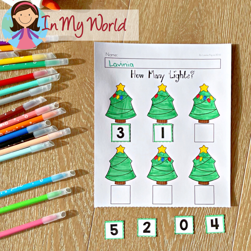 Christmas Worksheets for Preschool. How many lights? cut and paste counting.